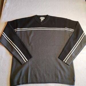 Vintage Obermeyer Robert Mens Small V-Neck Sweater Wool Blend Black Grey Striped